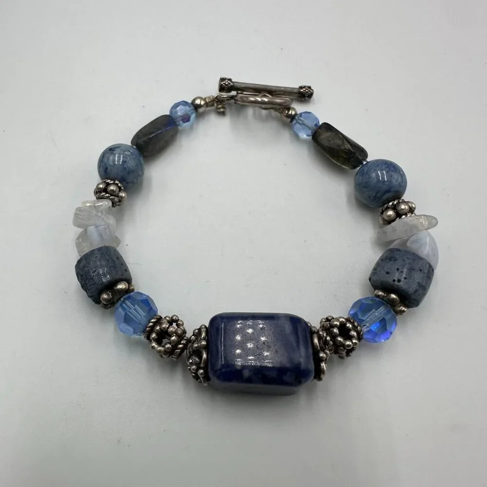 Artisan Beaded Bracelet Blue Glass Stone Beads Sterling Silver Toggle 6.75